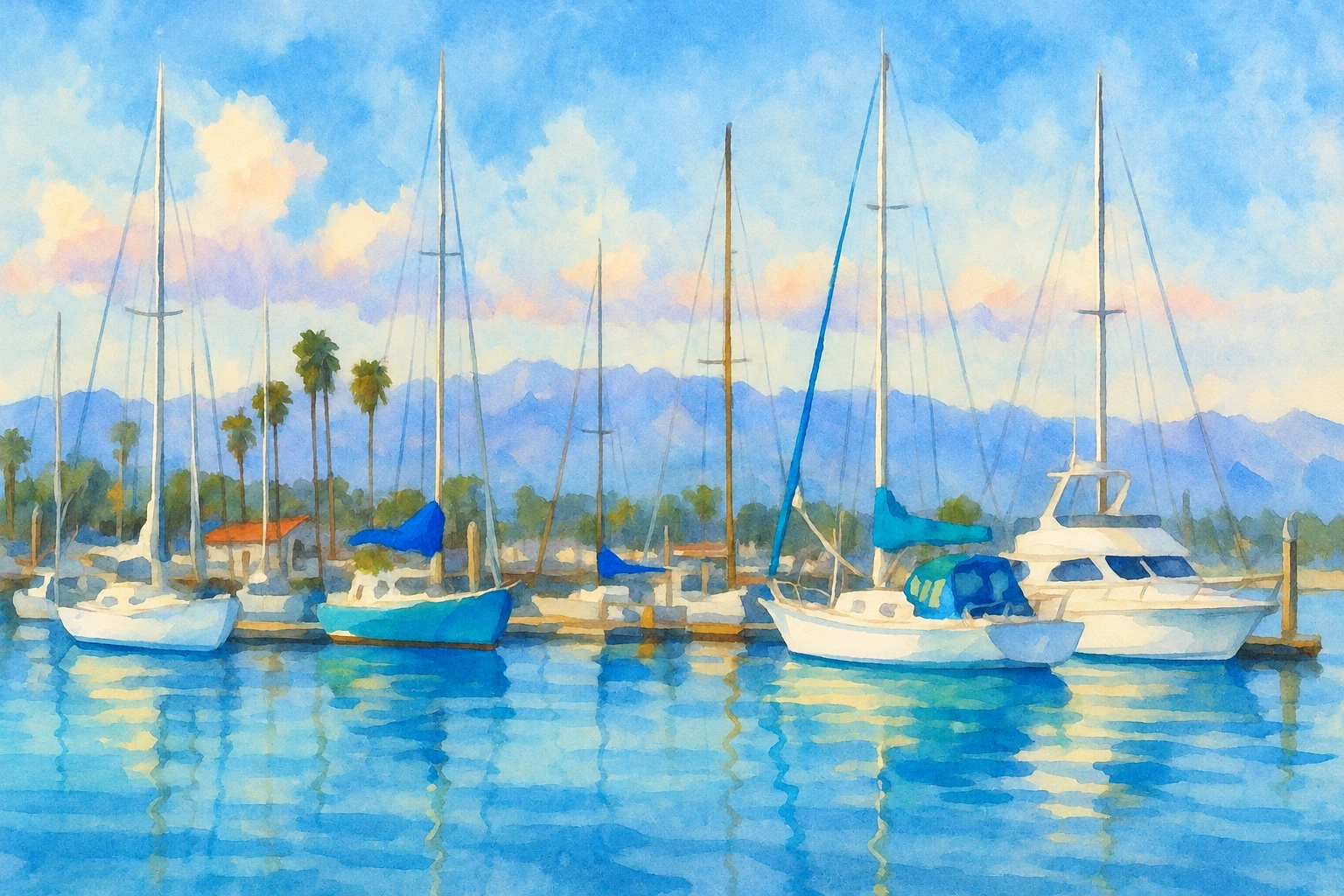 Sailboats and a motor yacht in turquoise harbor water below a blue sky.