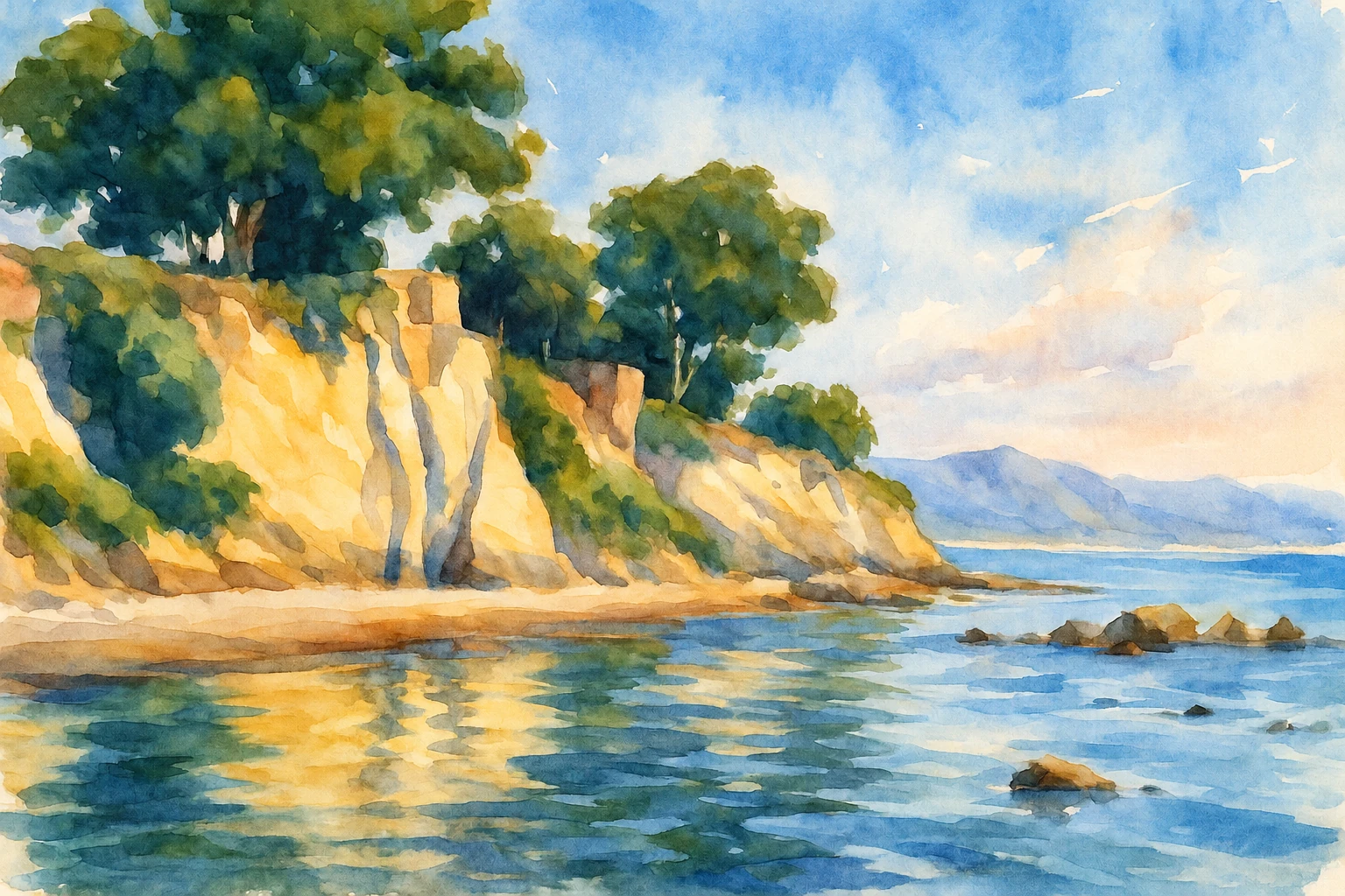 Golden coastal cliffs, green trees, and quiet blue water in watercolor.