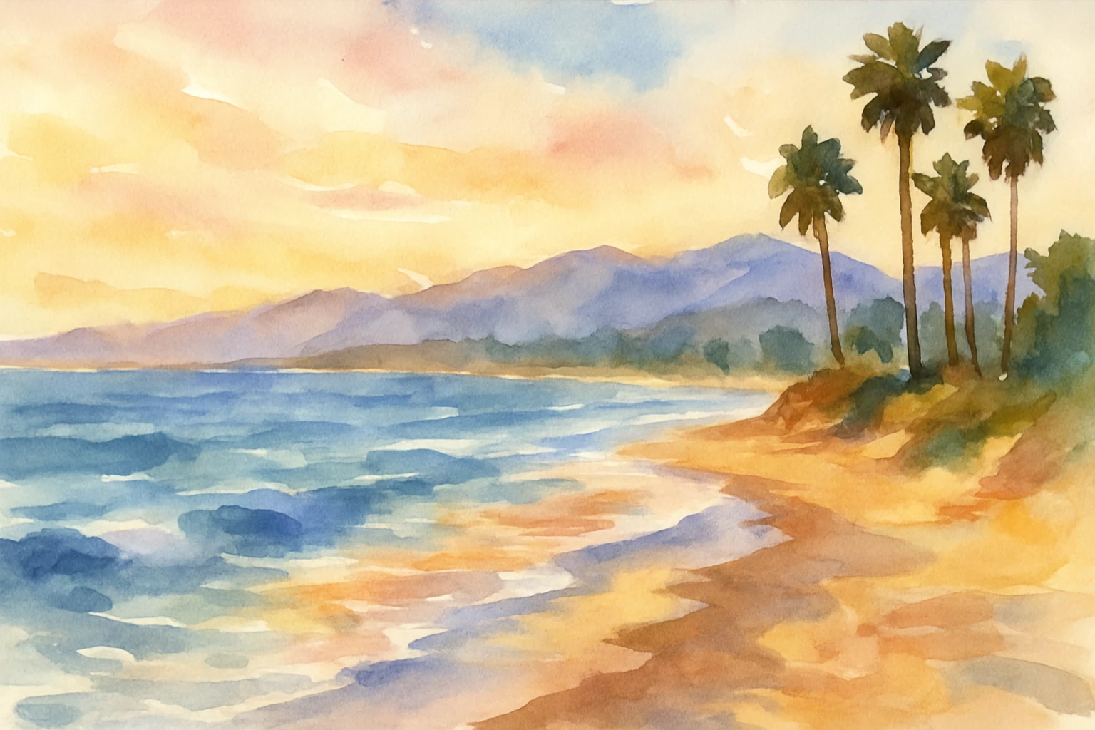 Four tall palms overlooking a golden beach, blue waves, and softly layered mountains.