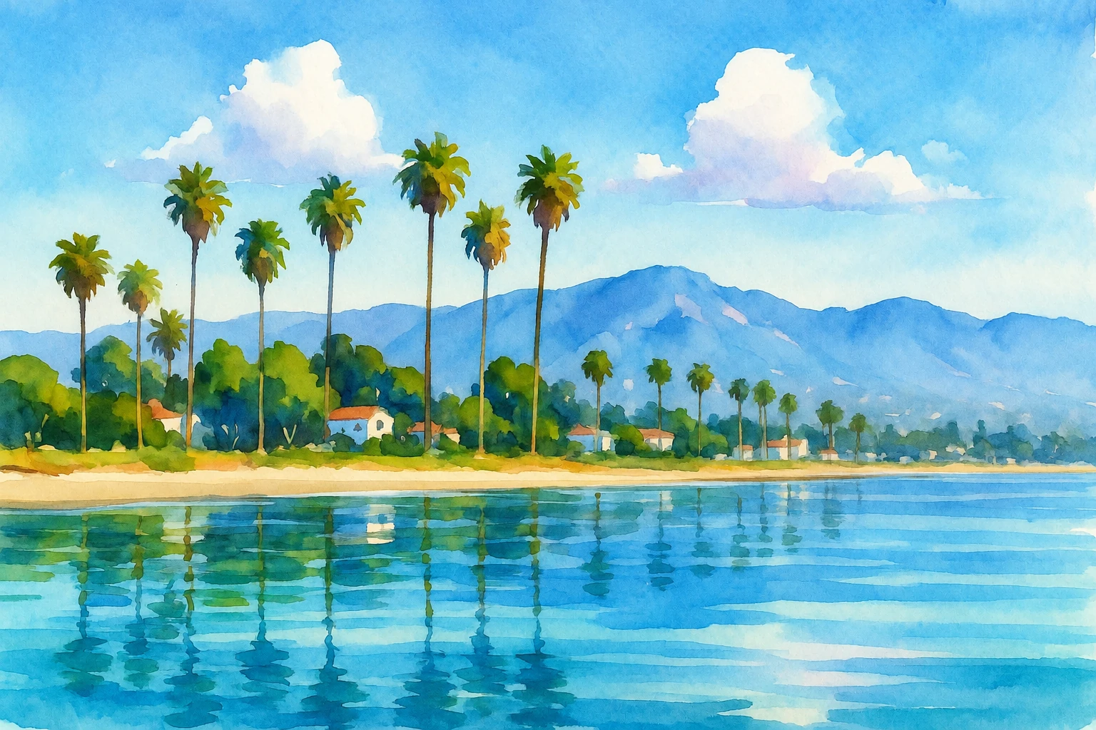 Tall palms, white coastal buildings, and blue mountains reflected in water.
