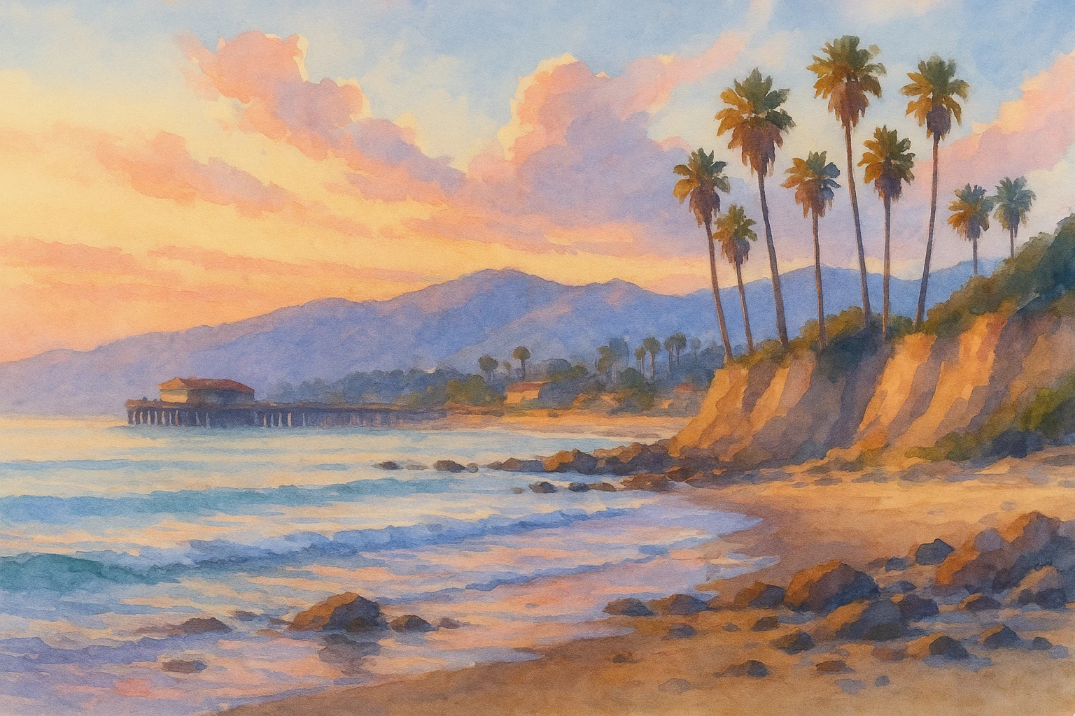 Palm trees above golden coastal bluffs, with a distant pier and peach evening clouds.