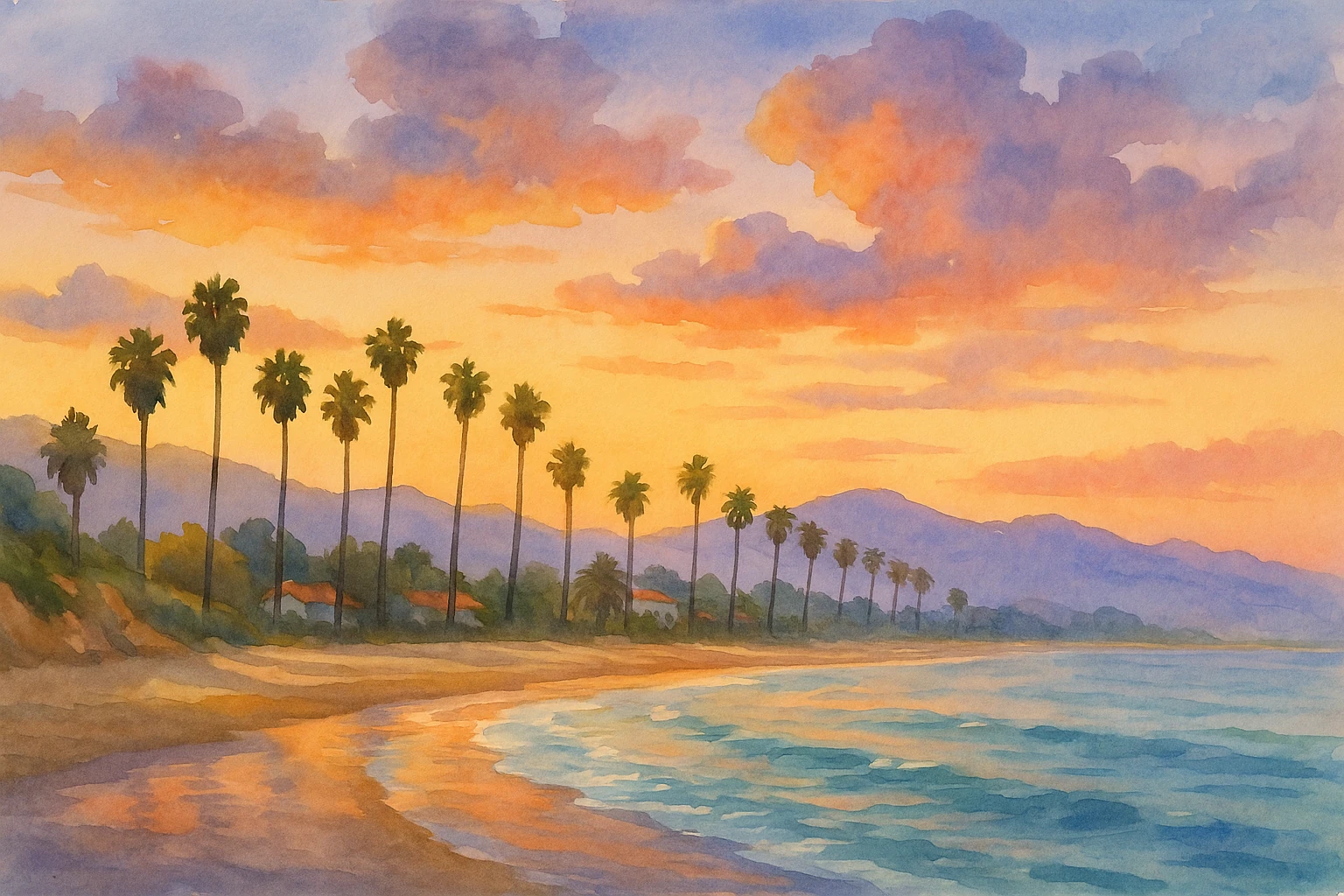 A palm-lined beach and gentle turquoise surf beneath an orange and lavender sky.