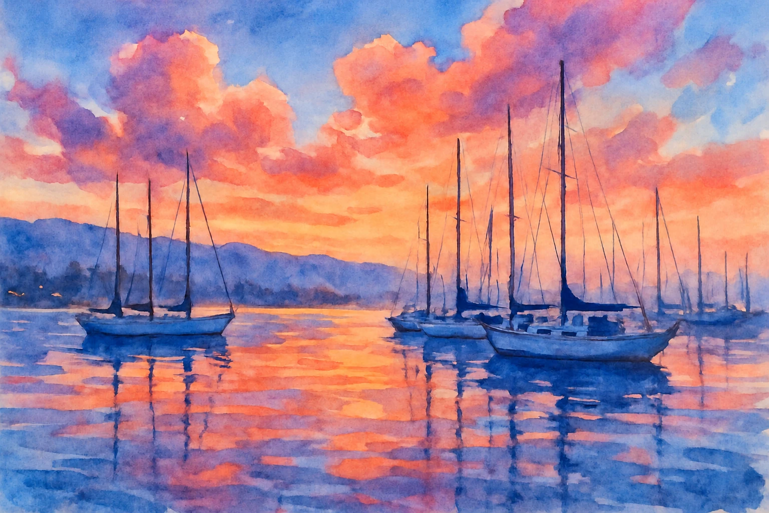 Sailboats reflected in a harbor beneath coral and lavender clouds.