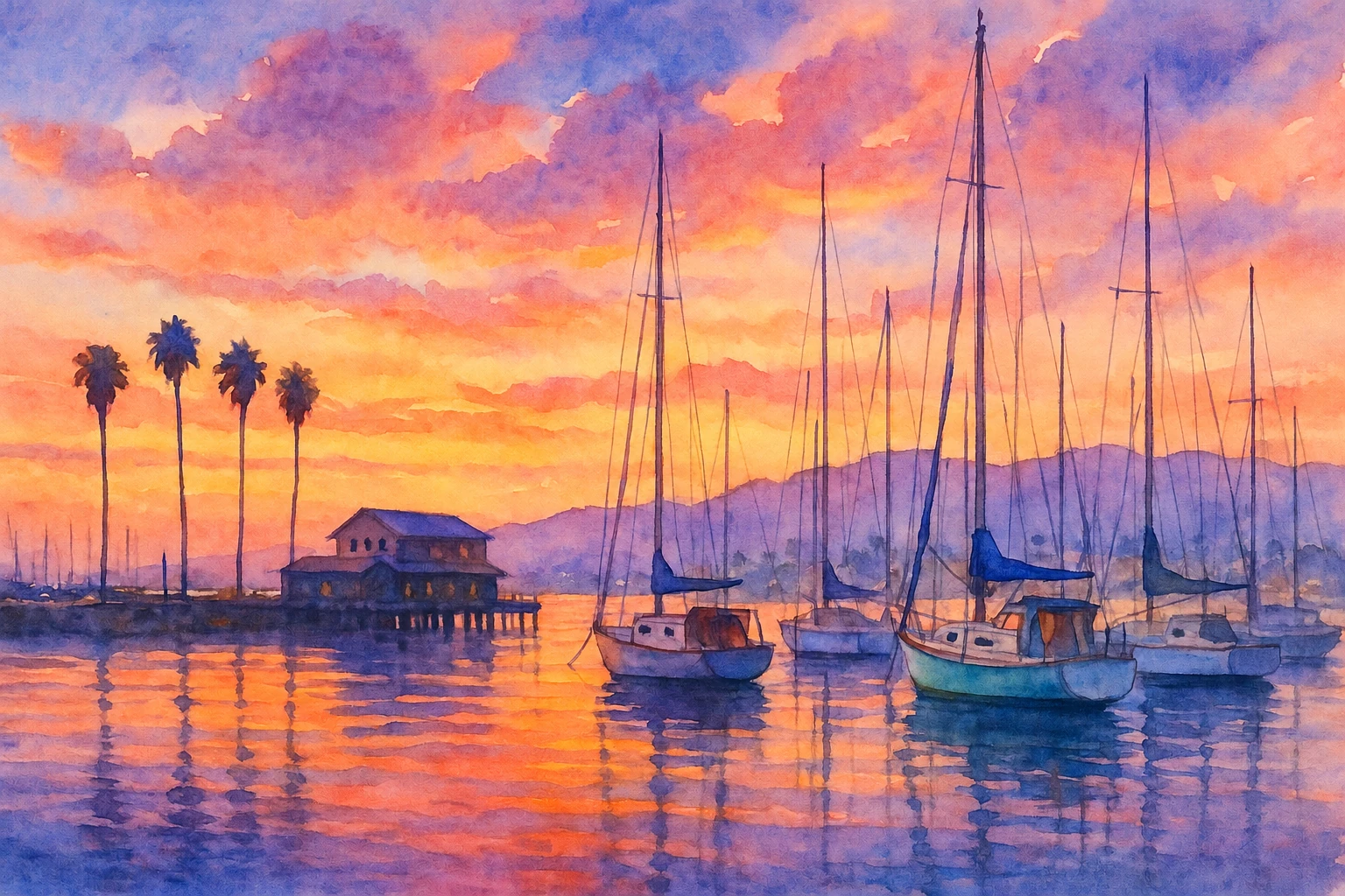 Sailboats, a pier building, and palms reflected in warm sunset water.