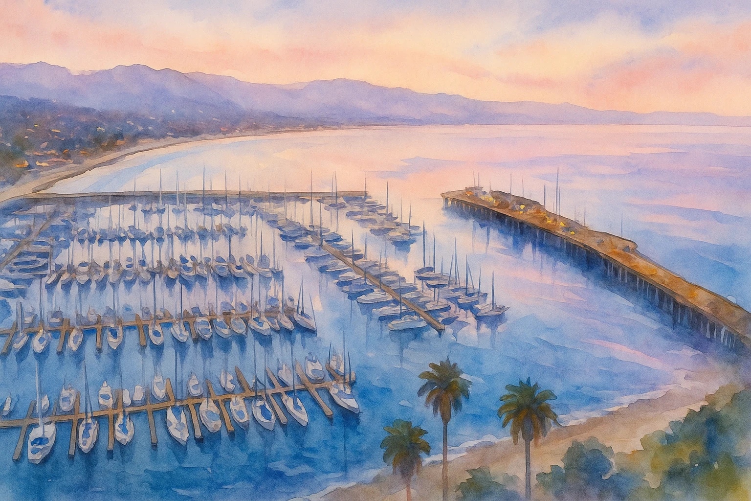 An elevated view of sailboats, a long harbor breakwater, and a pastel coastline.