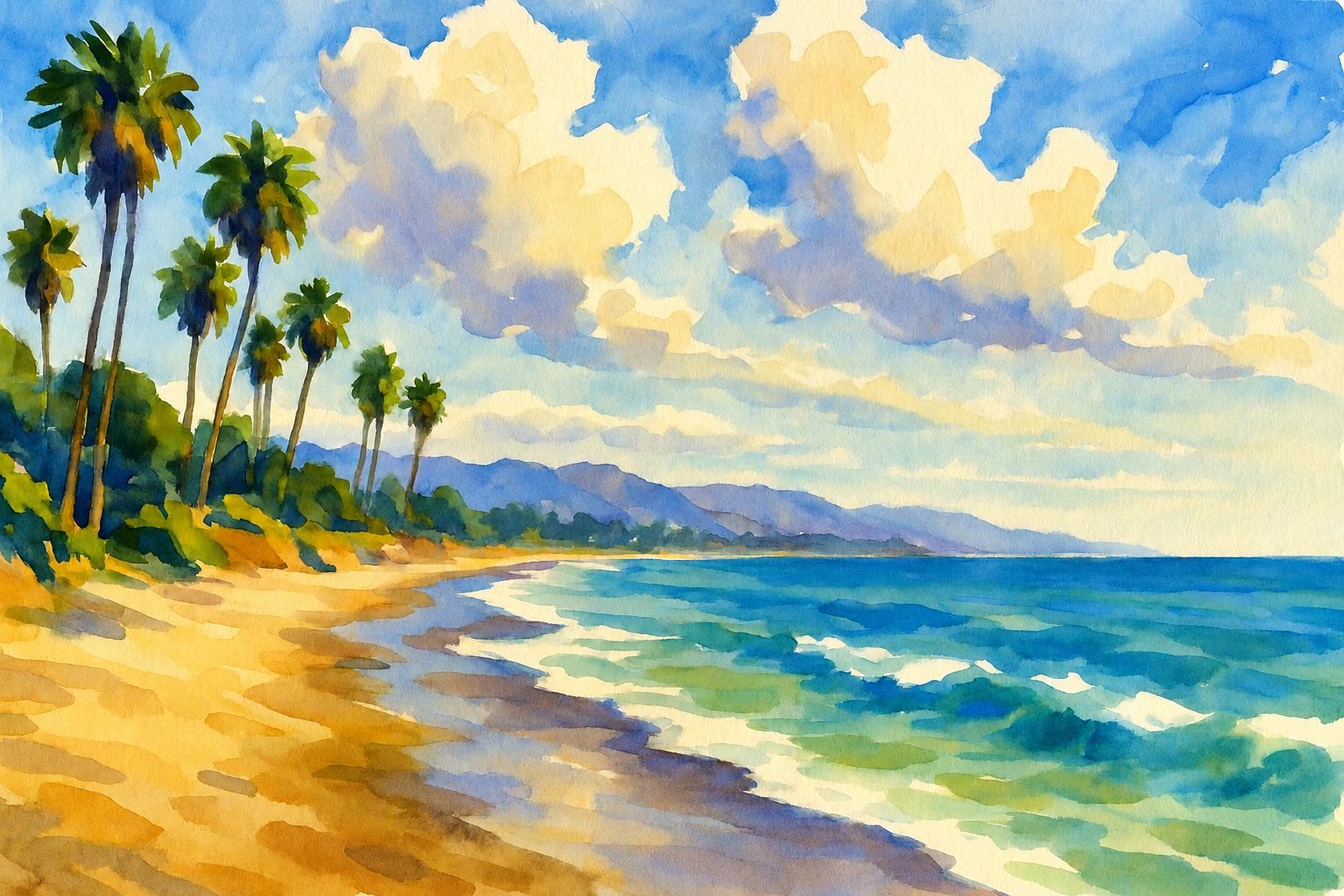 Palm trees beside a golden beach, turquoise waves, and soft clouds.