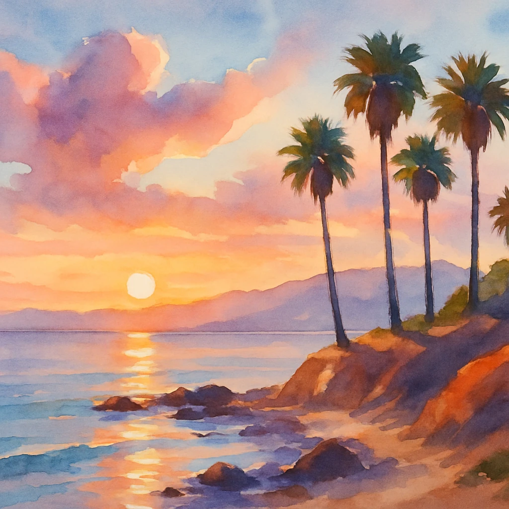 Tall palms above a rocky beach as warm sunset light reflects across the ocean.