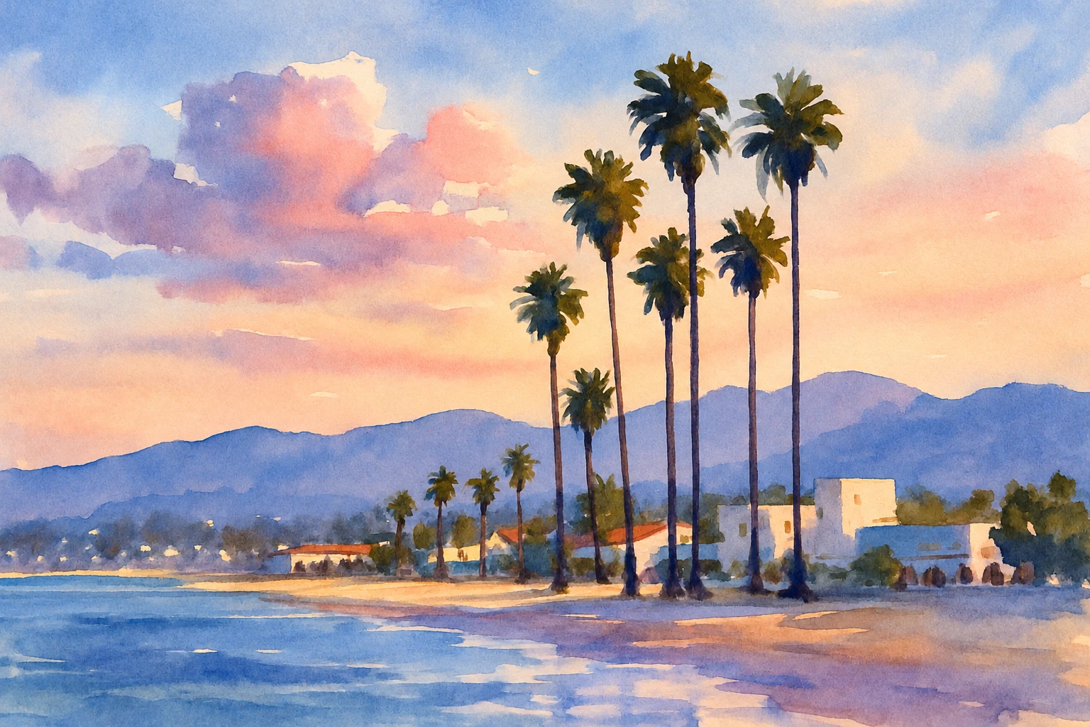 A cluster of tall palms and white buildings beneath a pink evening sky.