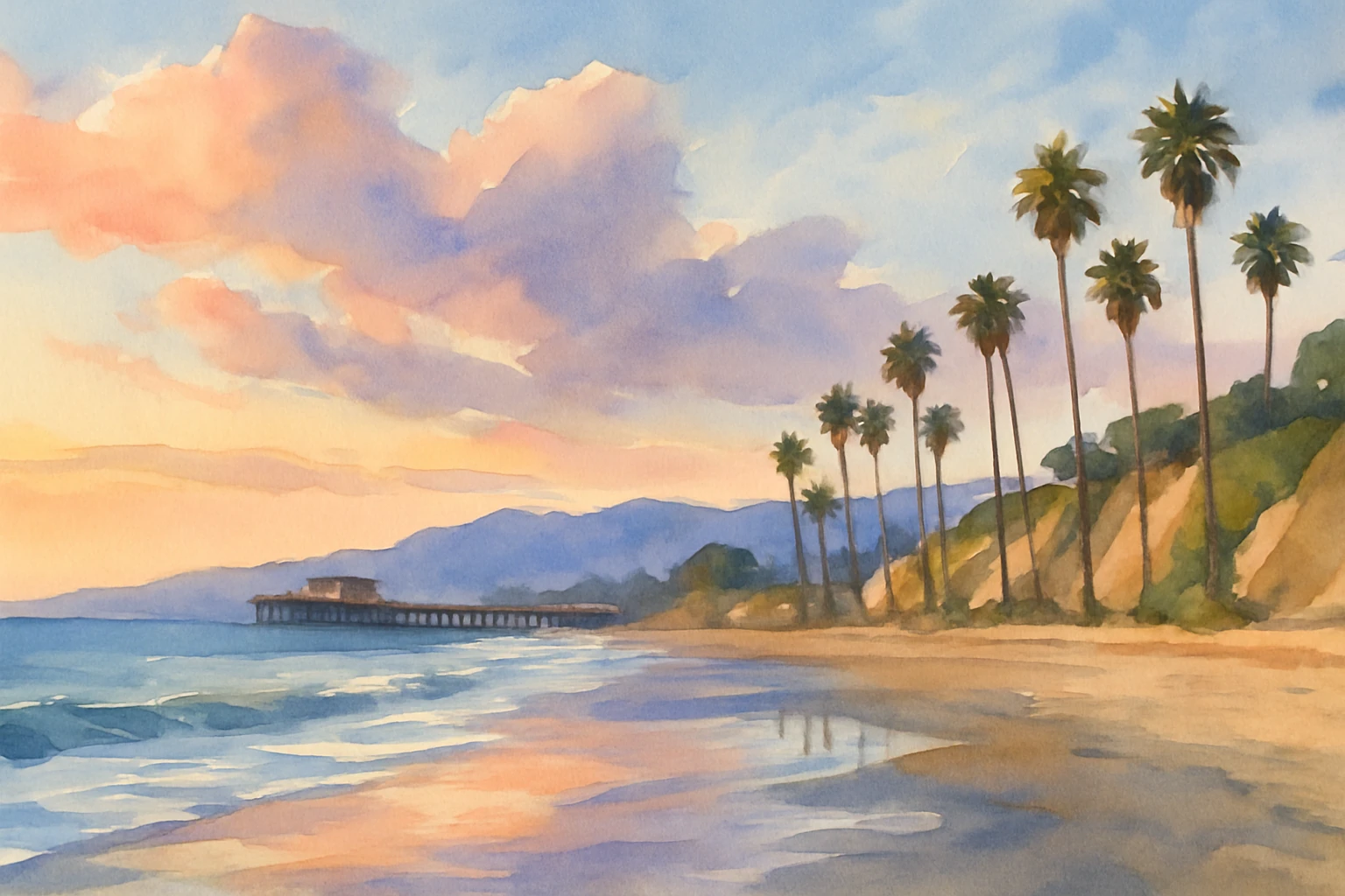 A distant pier, palm-covered cliffs, and soft reflections on a peaceful beach.
