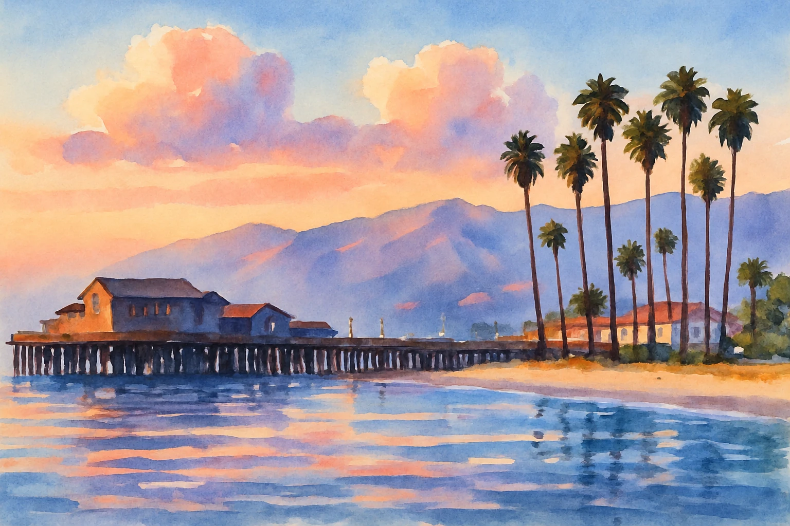 A wooden pier and tall palms against mountains and a pastel sky.