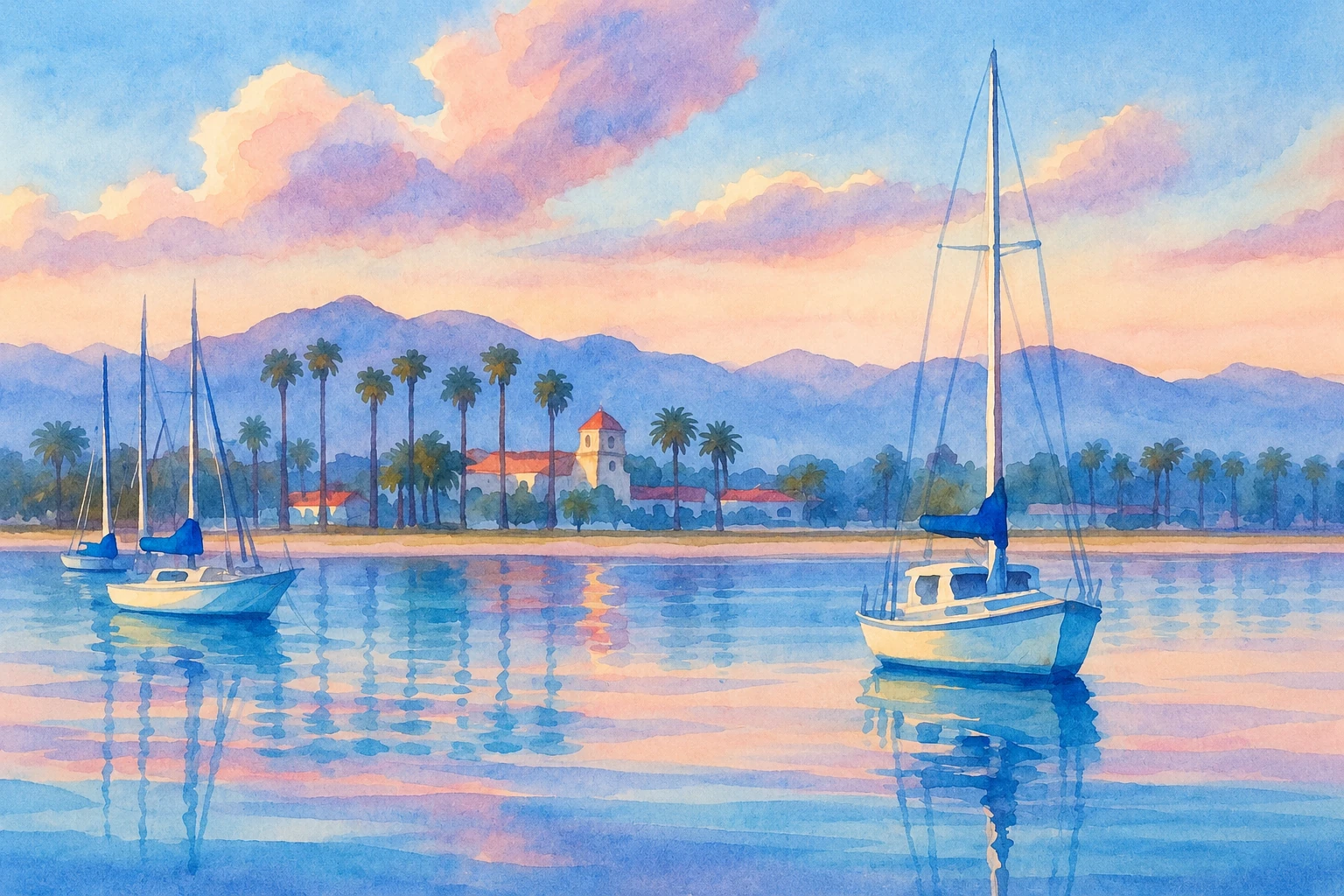 A sailboat on calm water with palms and a red-roofed tower beyond.