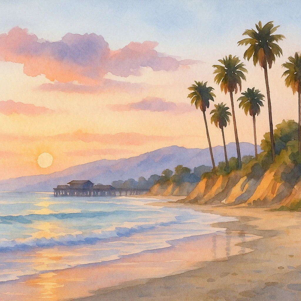 A low sun above a quiet cove with palms, cliffs, and a distant pier.