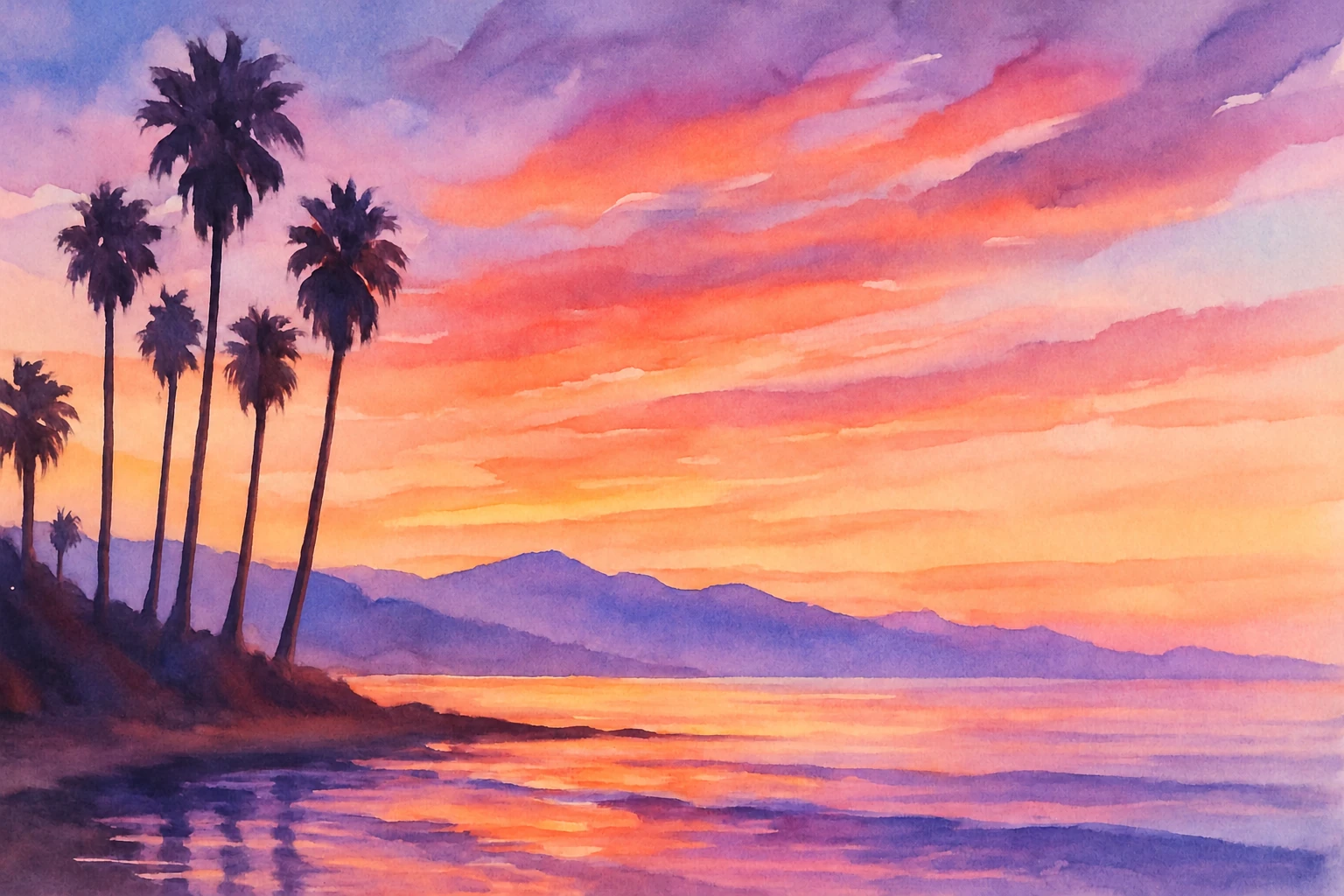Dark palm silhouettes beside the ocean under a luminous orange and purple sunset.