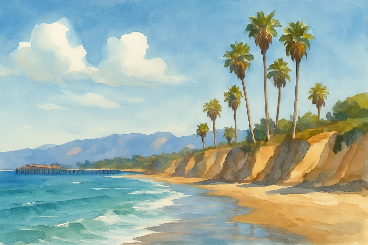 Golden cliffs topped by palms beside turquoise waves and a distant wooden pier.
