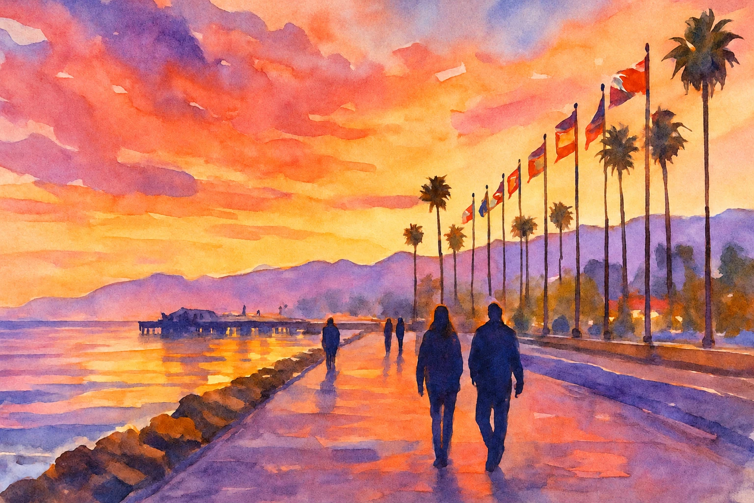 Walkers, palms, and flags along a glowing waterfront at sunset.